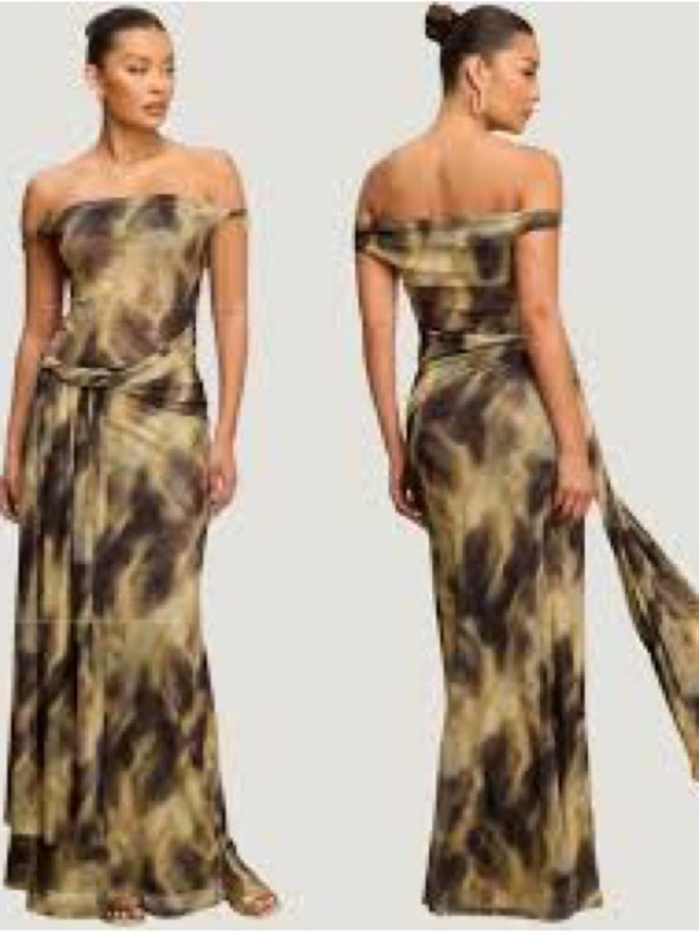 NWT Luxxel Off-Shoulder Tie-Waist Maxi Dress in Olive and Black Marble Print